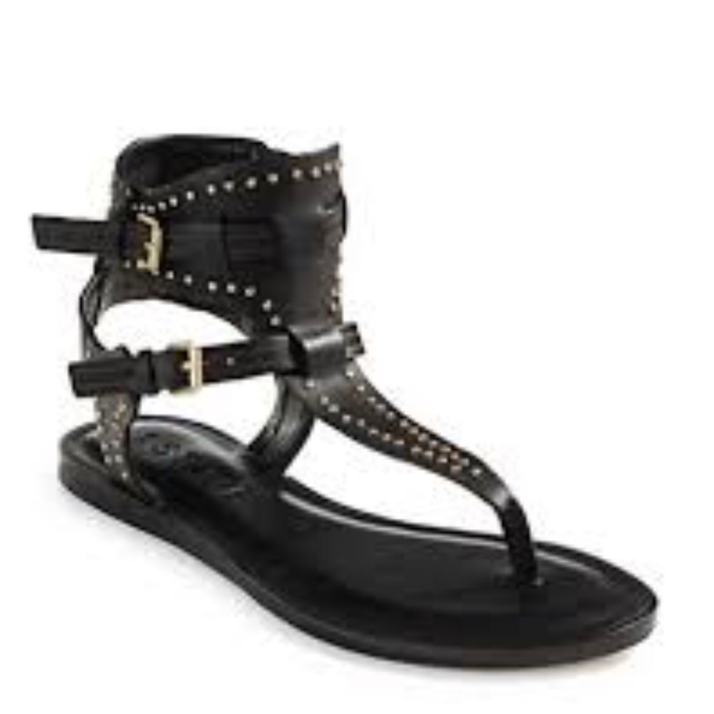 .1State black leather gold studded sandals